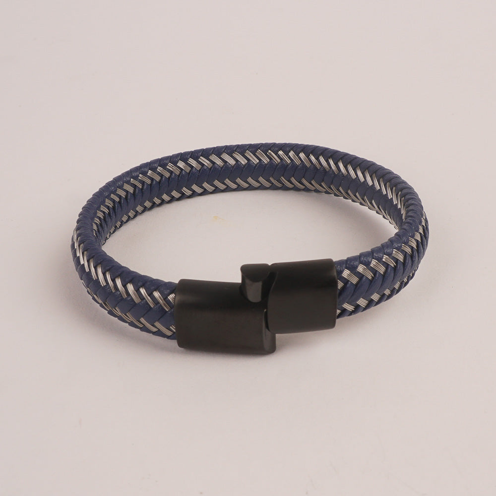 Blue Leather silver Wire with Black magnetic lock Leather Bracelet