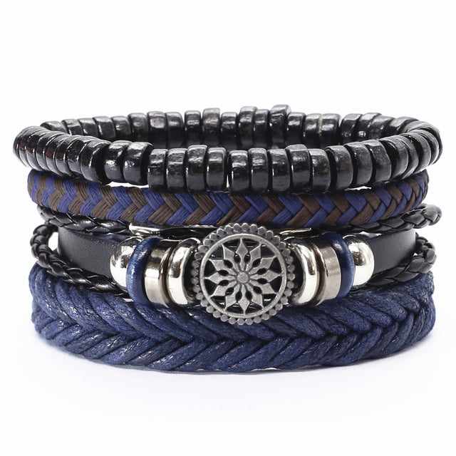 Blue New Trendy Style 4-Pcs-Set Charm Wrap Leather Bracelets