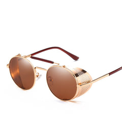 Brown Shade Retro Round Metal Steampunk Sunglasses
