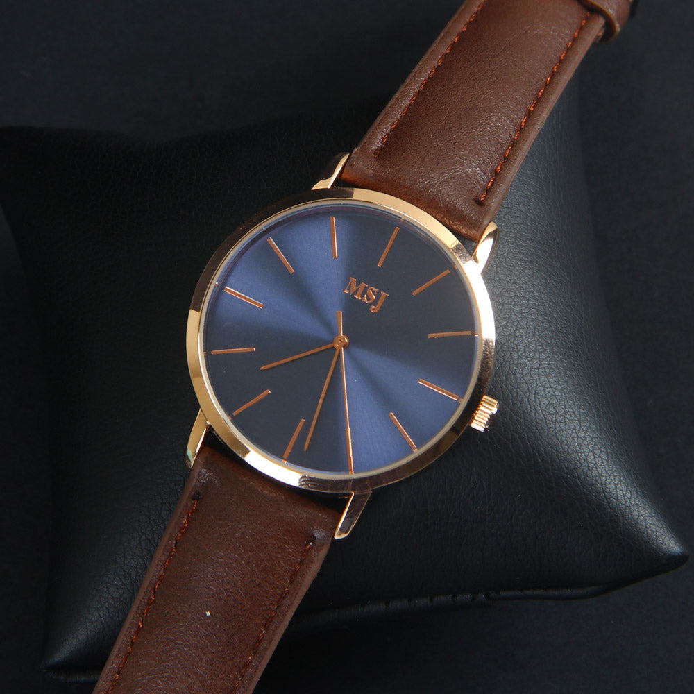 Brown Leather Strap Blue Dial with Rose Case Fashion MJ2010 Wrist Watch