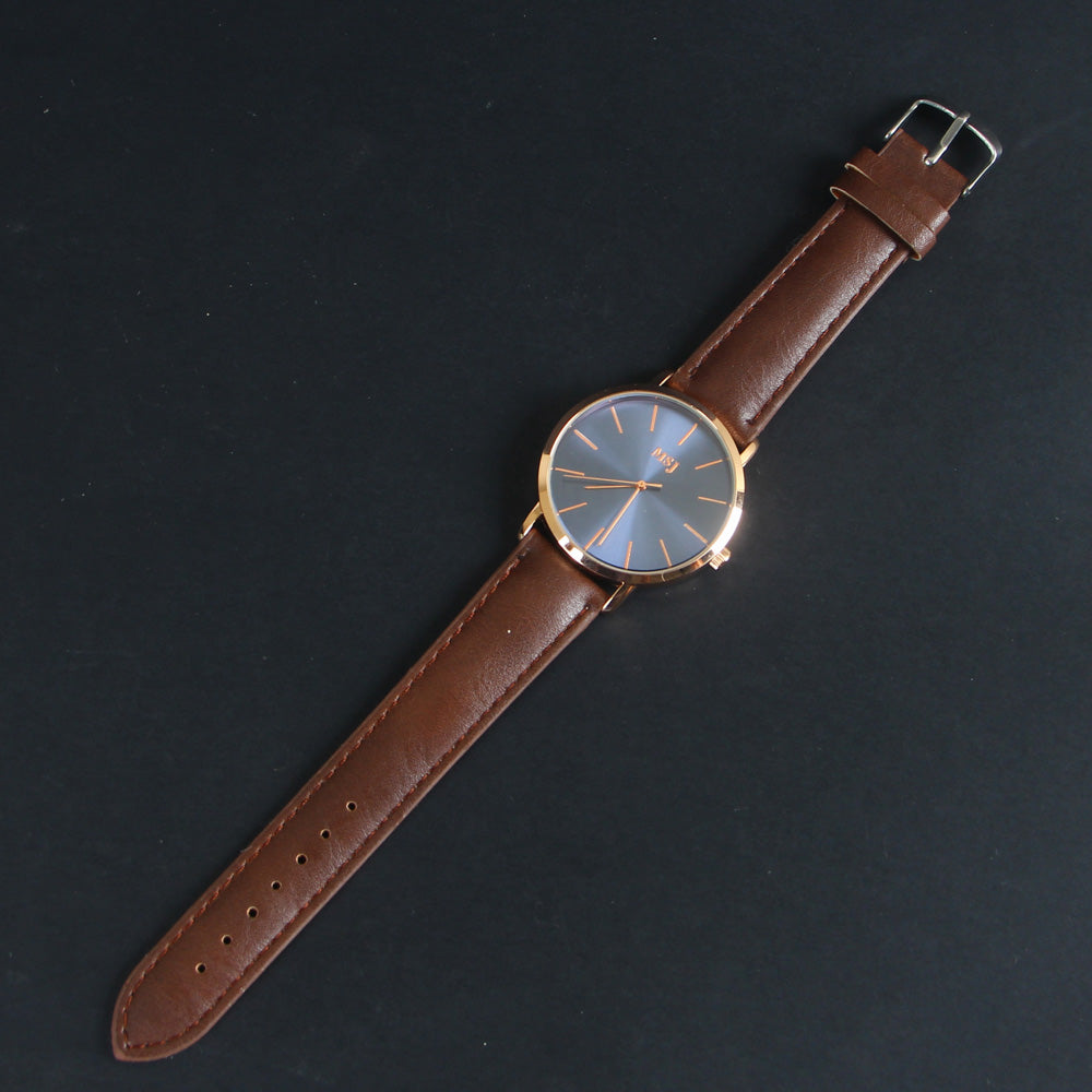 Brown Leather Strap Blue Dial with Rose Case Fashion MJ2010 Wrist Watch