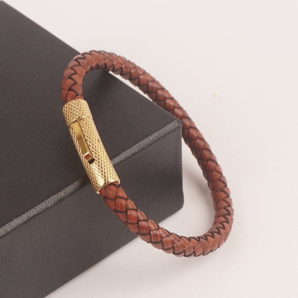 Brown Leather with Golden lock Leather Fashion Bracelet