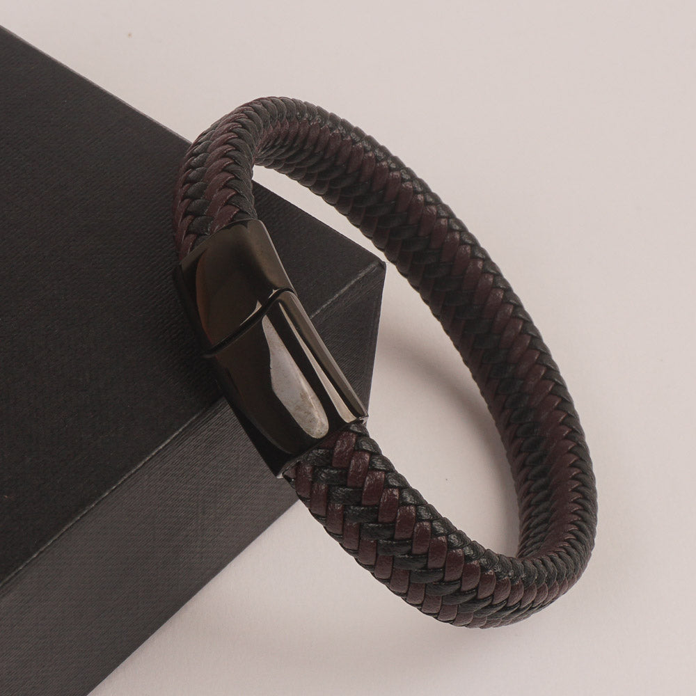 Brown and Black Leather with Black magnetic lock Leather Bracelet