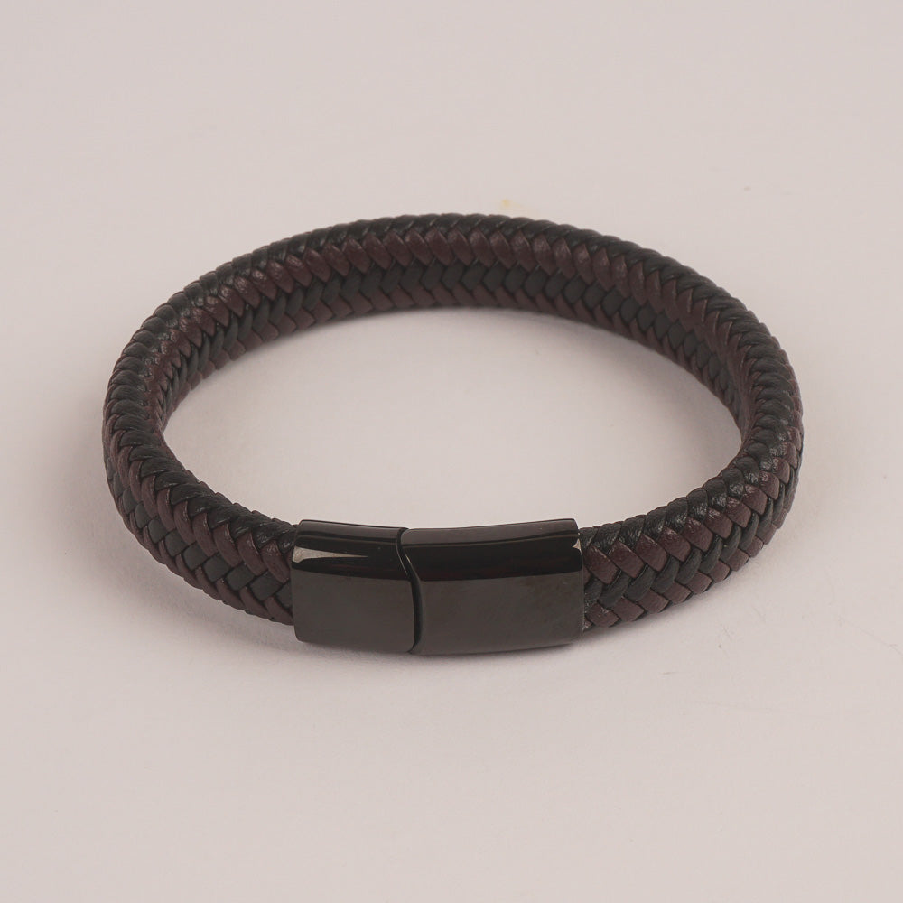 Brown and Black Leather with Black magnetic lock Leather Bracelet