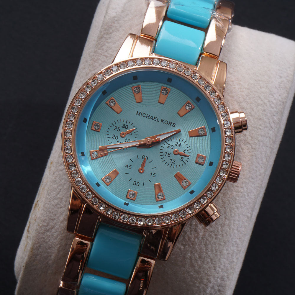 Women Chain Wrist Watch MK Rosegold Cyan