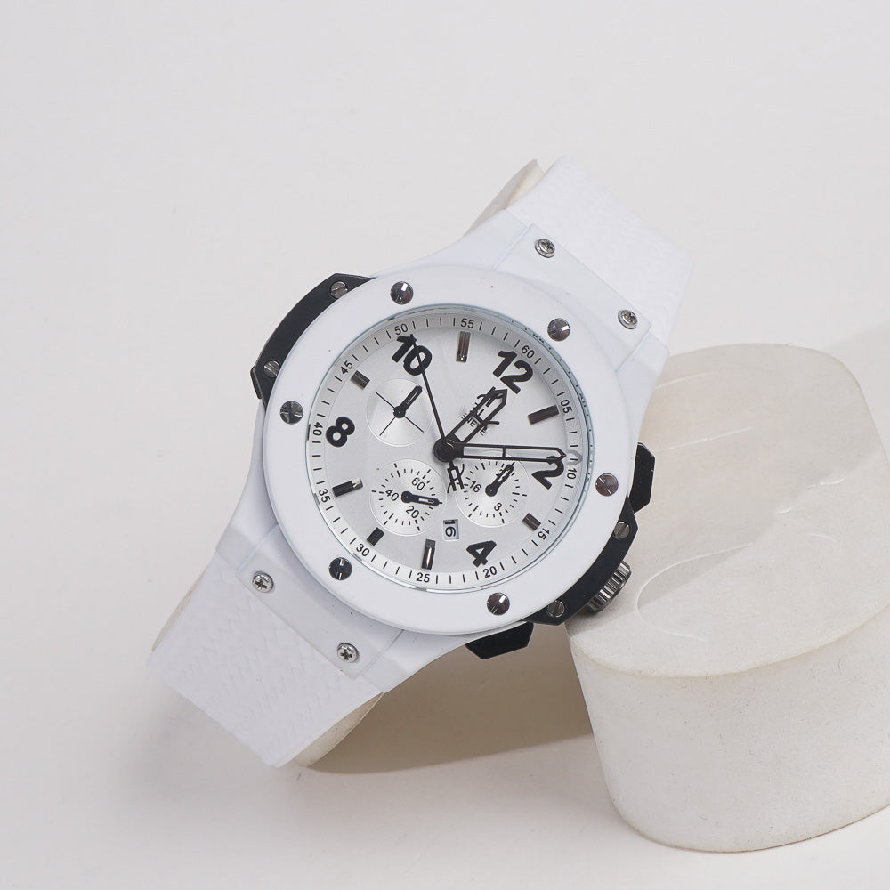 Men Casual Watch White Dial with White Strap