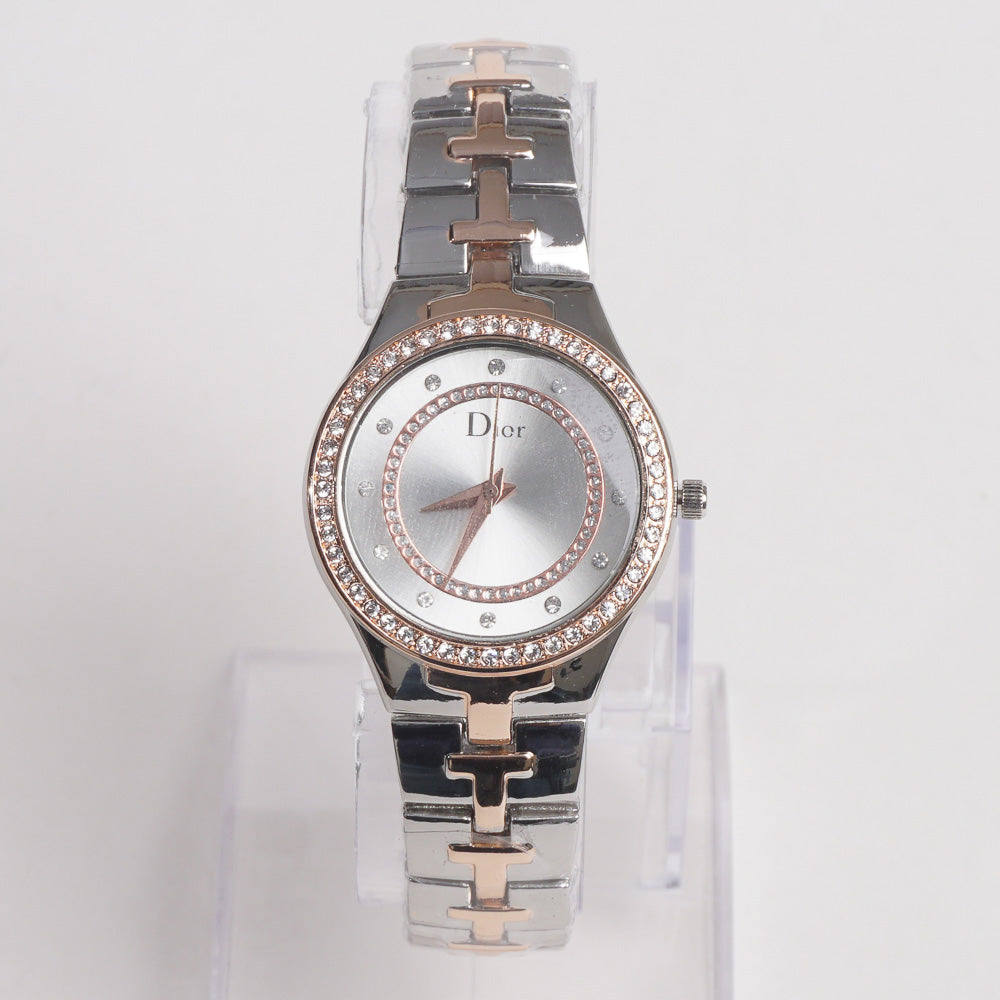 Women Stylish Chain Wrist Watch Rosegold & Silver With White Dial