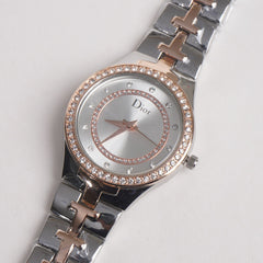 Women Stylish Chain Wrist Watch Rosegold & Silver With White Dial