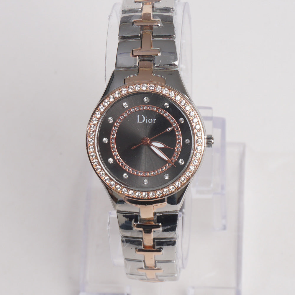 Women Stylish Chain Wrist Watch Rosegold & Silver With Black Dial