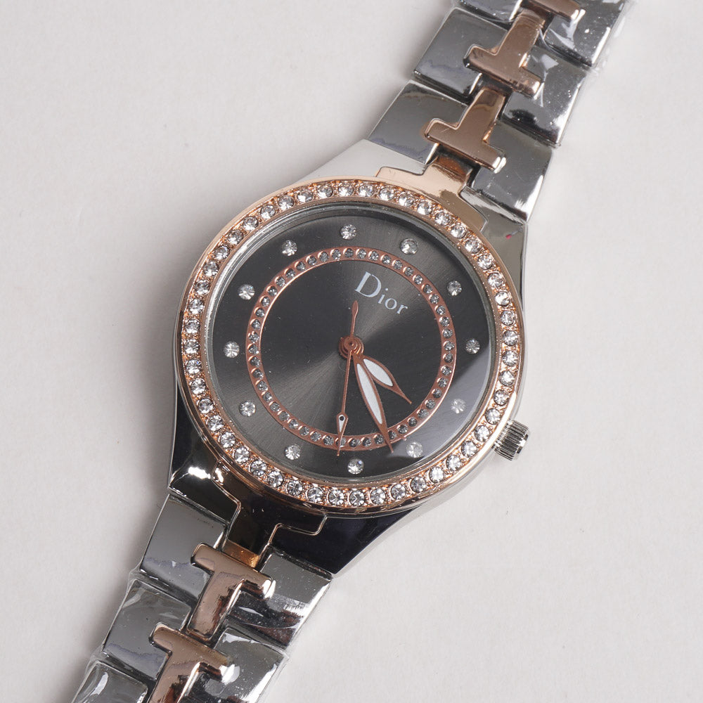 Women Stylish Chain Wrist Watch Rosegold & Silver With Black Dial