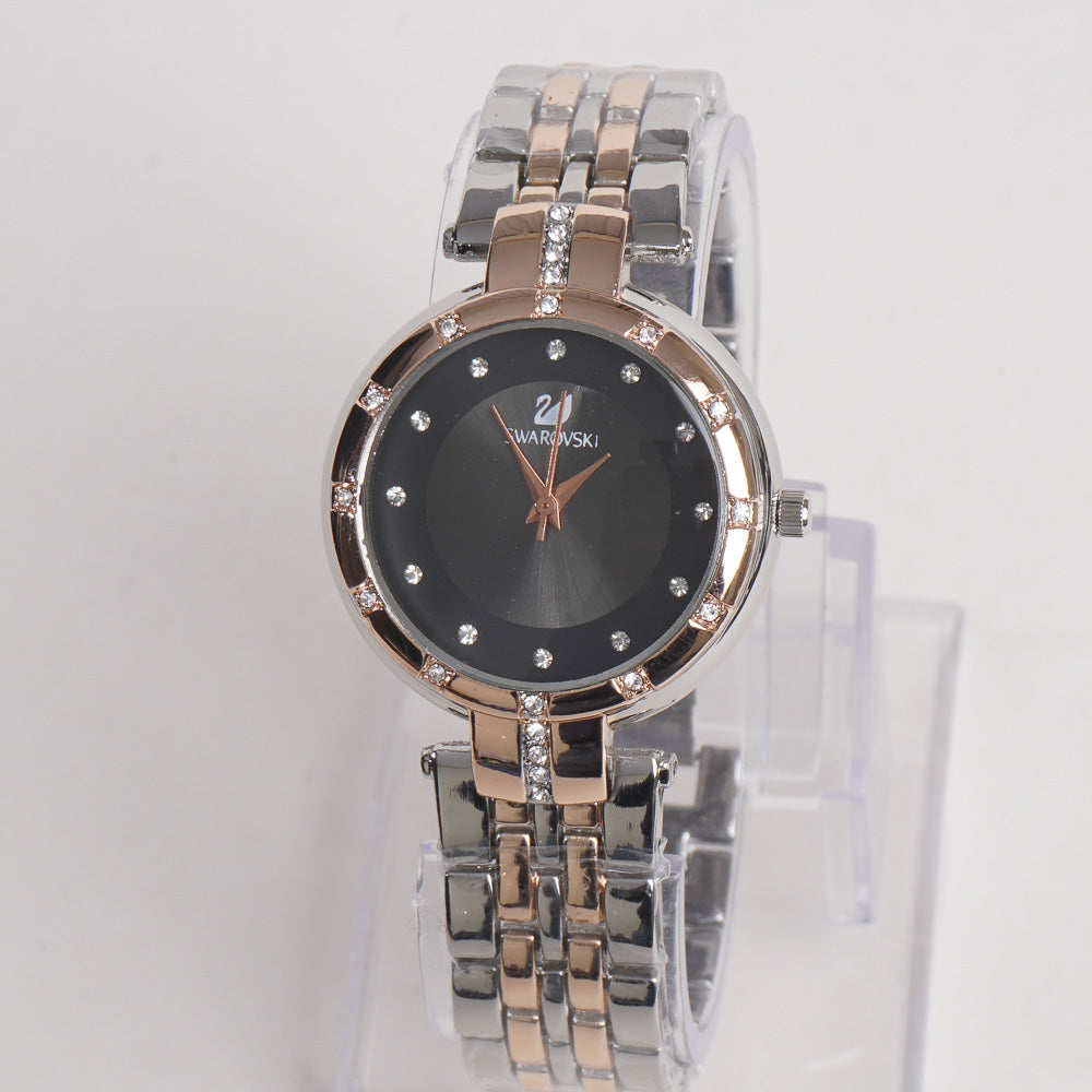 Women Stylish Chain Wrist Watch Rosegold & Silver With Black Dial