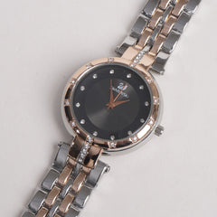 Women Stylish Chain Wrist Watch Rosegold & Silver With Black Dial