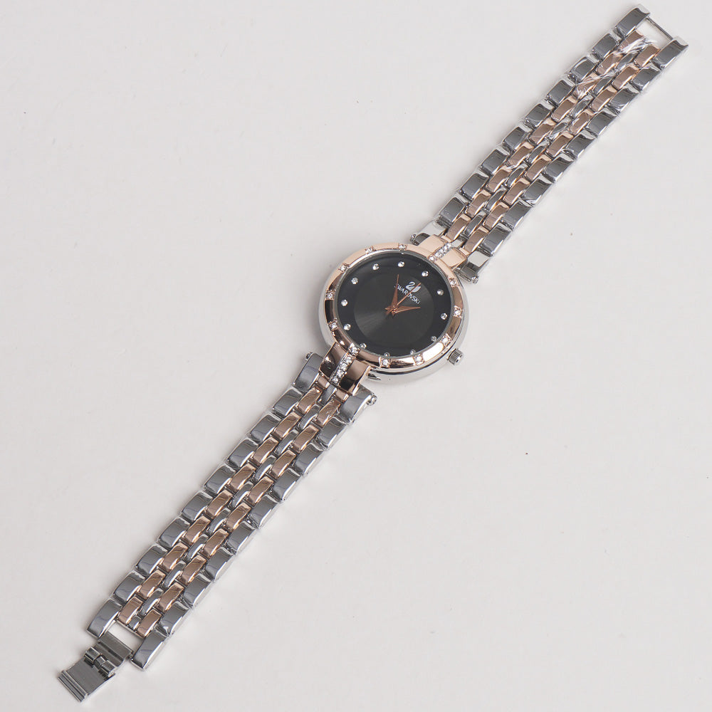 Women Stylish Chain Wrist Watch Rosegold & Silver With Black Dial