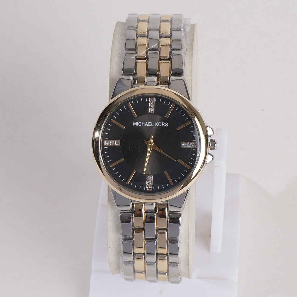 Two Tone Women Wrist Watch Silver With Black Dial