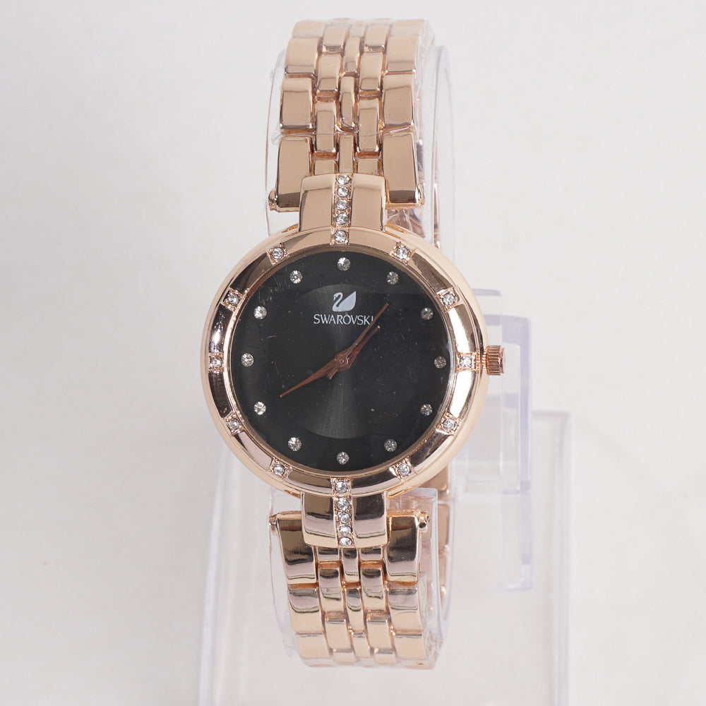 Women Stylish Chain Wrist Watch Rosegold With Black Dial