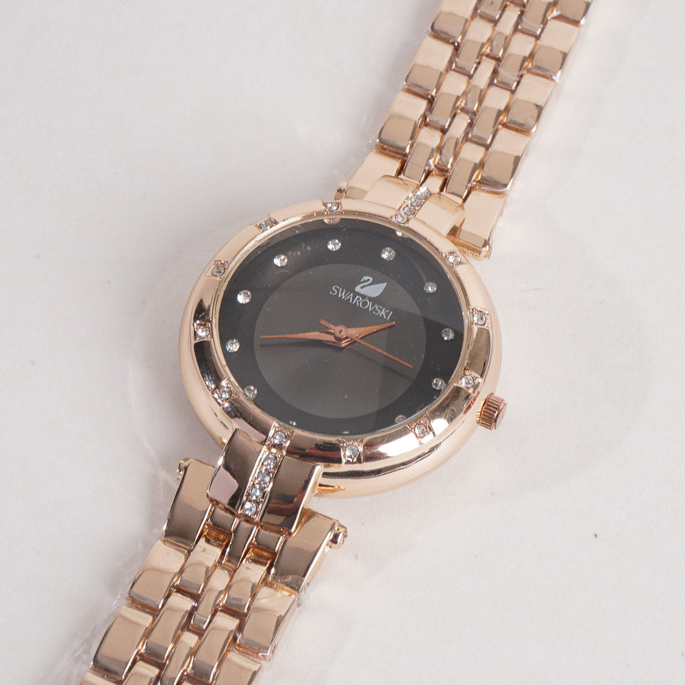 Women Stylish Chain Wrist Watch Rosegold With Black Dial