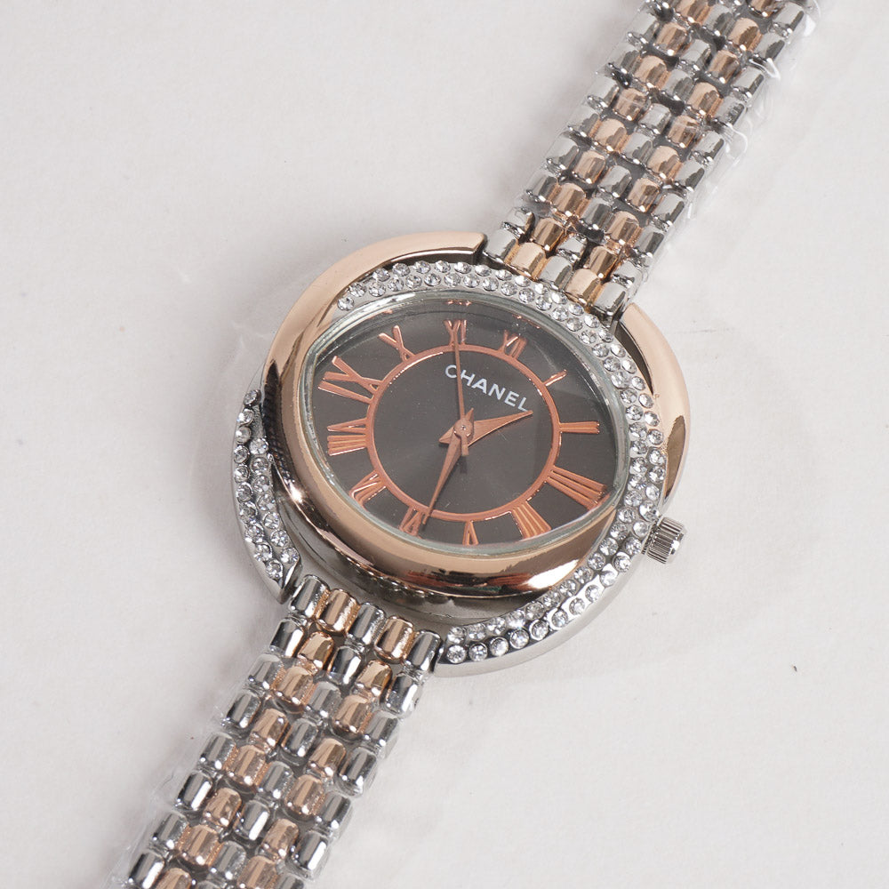 Women Chain Wrist Watch Two Tone With Black Dial C