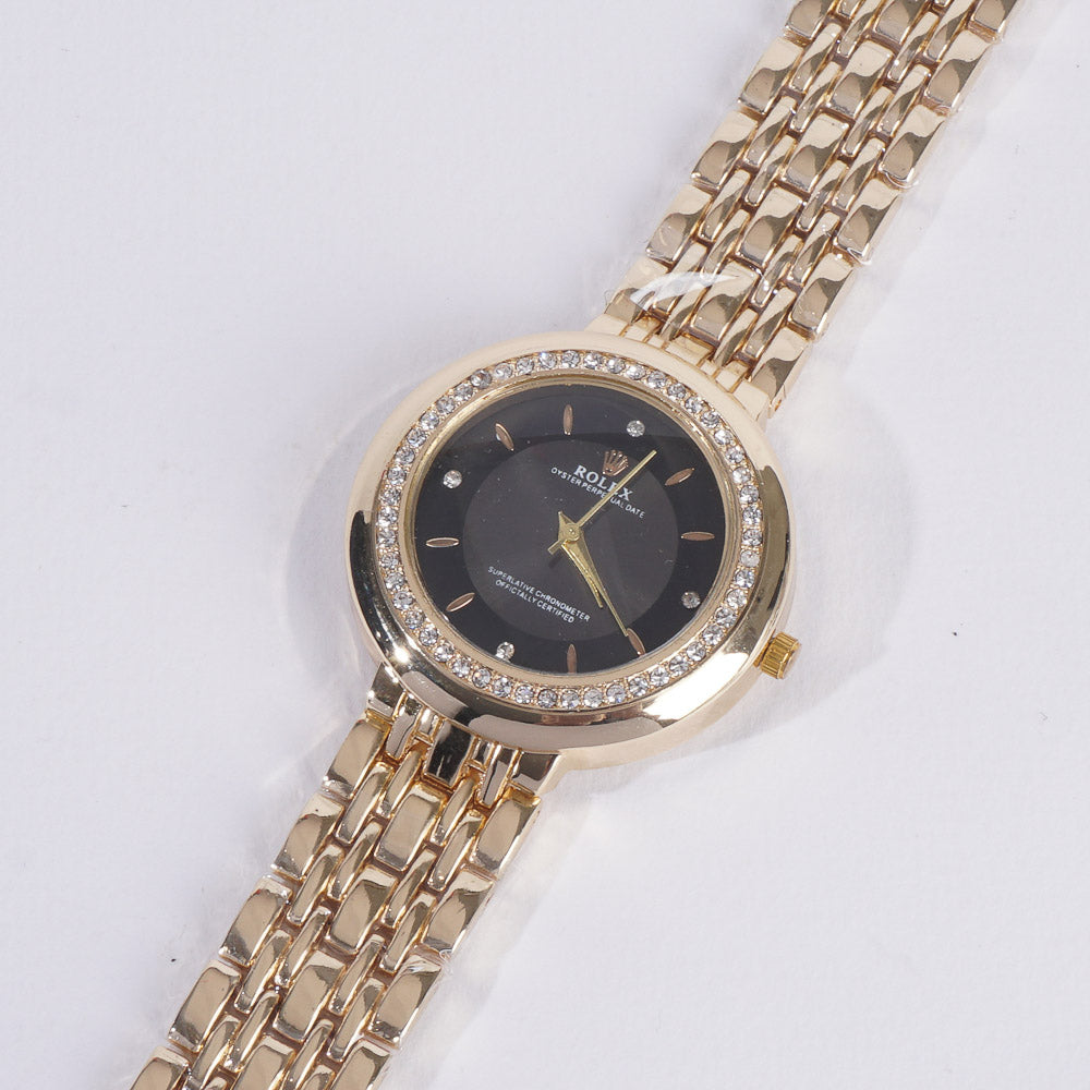 Women Chain Wrist Watch Golden With Black Dial R