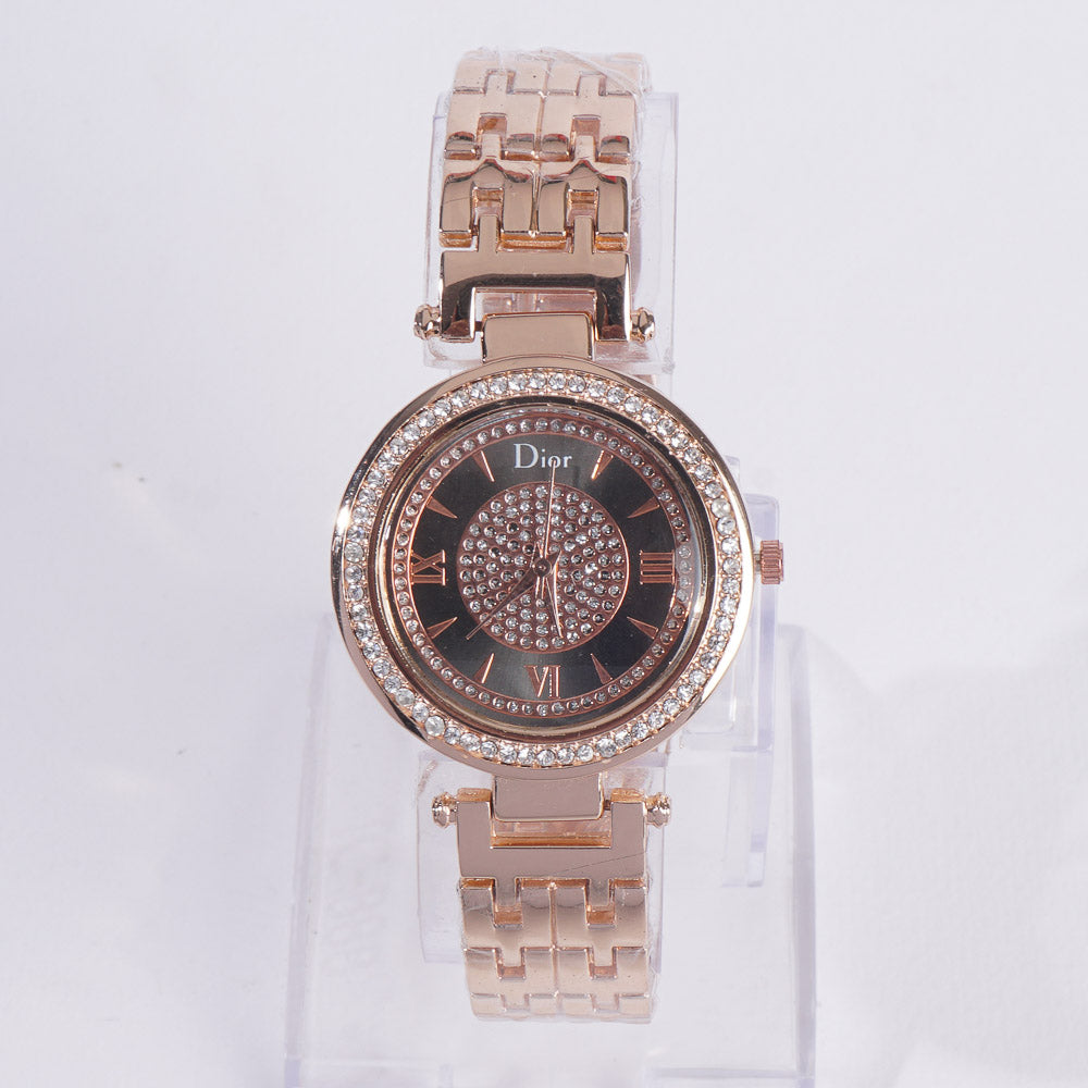 Women Stylish Chain Wrist Watch Rosegold With Black Dial