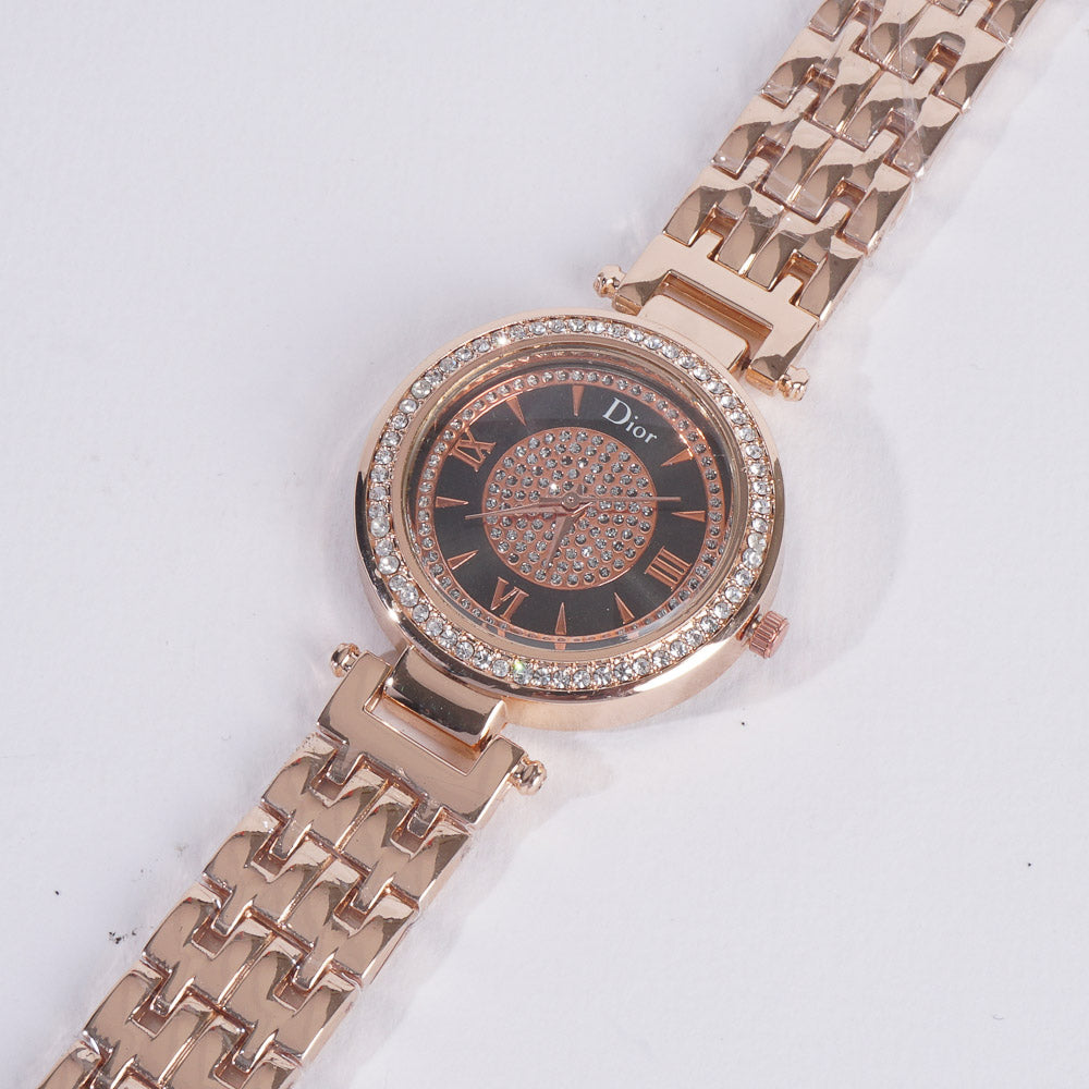 Women Stylish Chain Wrist Watch Rosegold With Black Dial