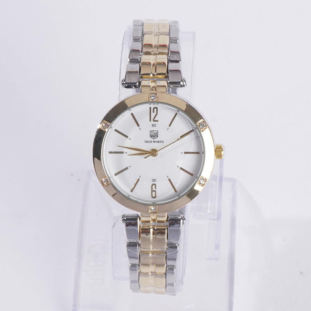Two Tone Women Stylish Chain Wrist Watch Silver&Golden With White Dial