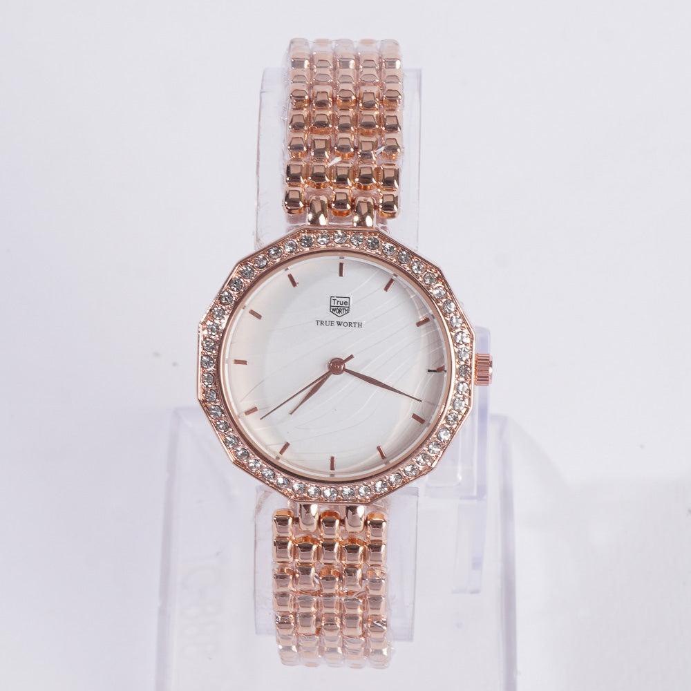 Women Stylish Chain Wrist Watch Rosegold With White Dial