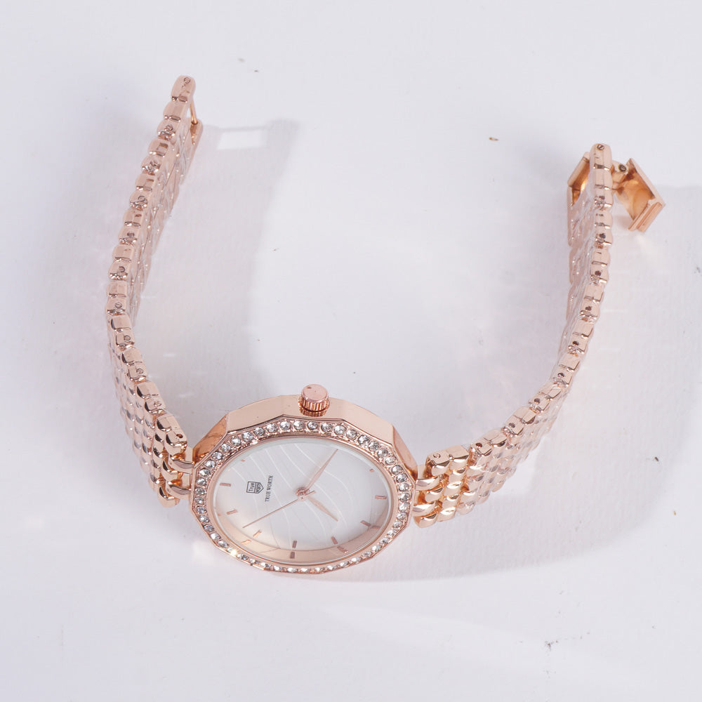 Women Stylish Chain Wrist Watch Rosegold With White Dial