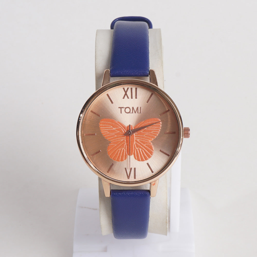 Dark Blue Leather Strap Rose Dial Fashion TM204 Women Wrist Watch