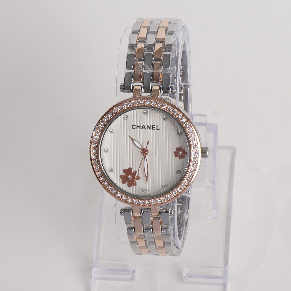 Two Tone Women Chain Wrist Watch Rosegold C White