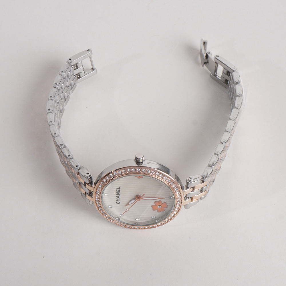 Two Tone Women Chain Wrist Watch Rosegold C White