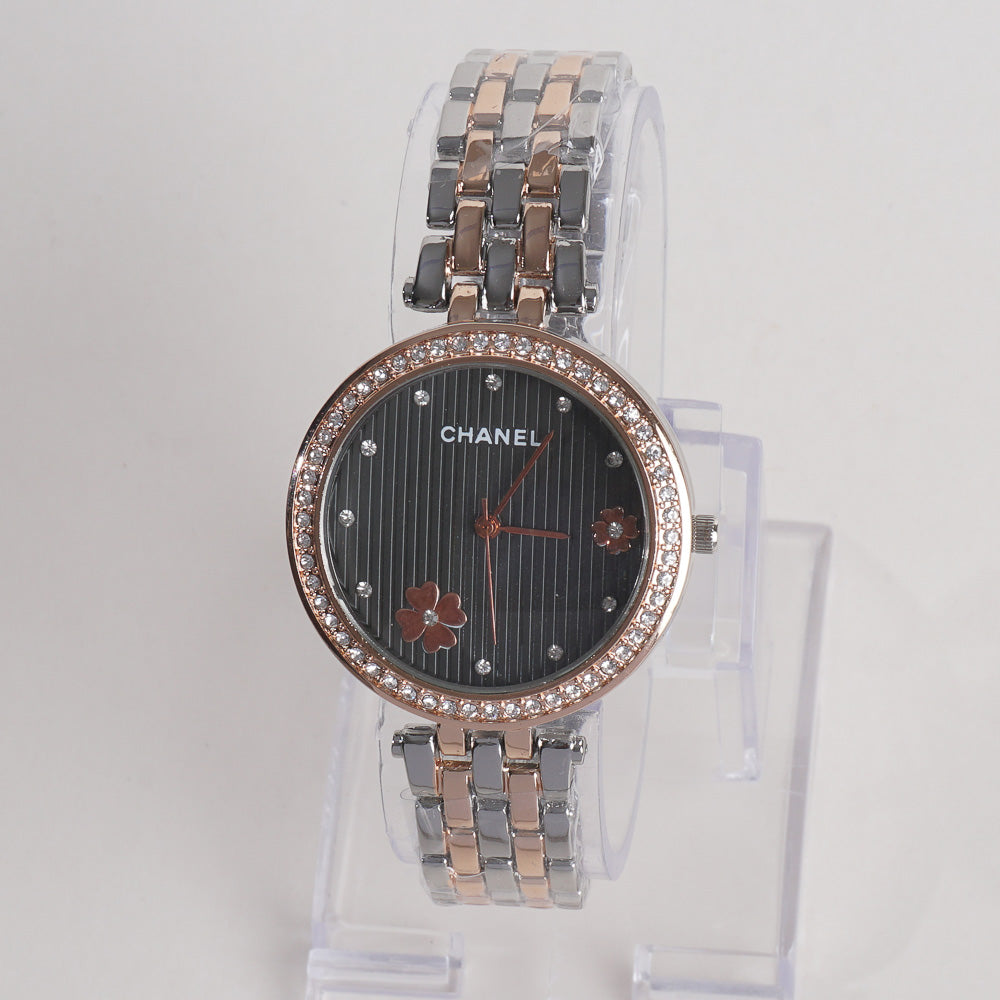 Two Tone Women Chain Wrist Watch Rosegold C Black