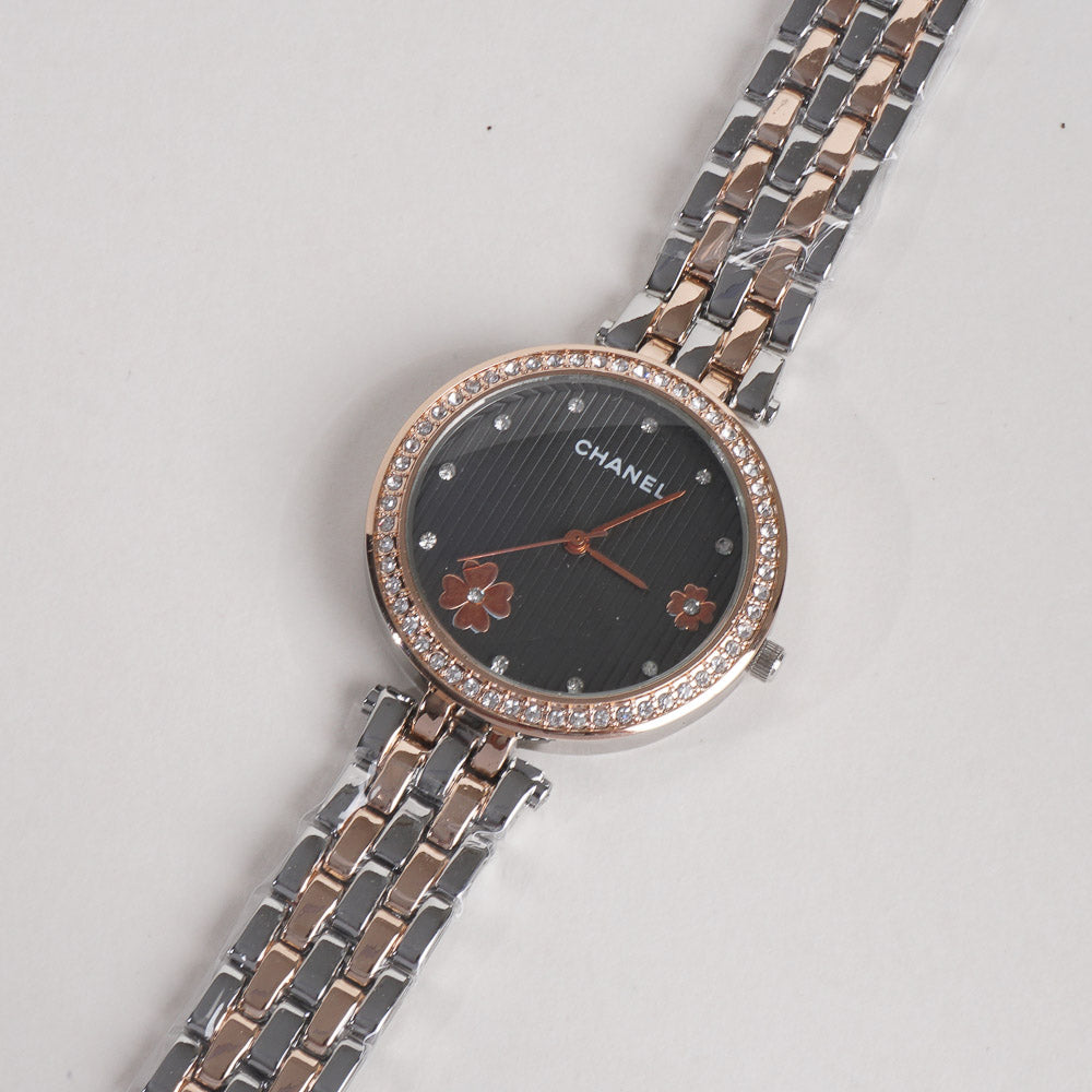 Two Tone Women Chain Wrist Watch Rosegold C Black