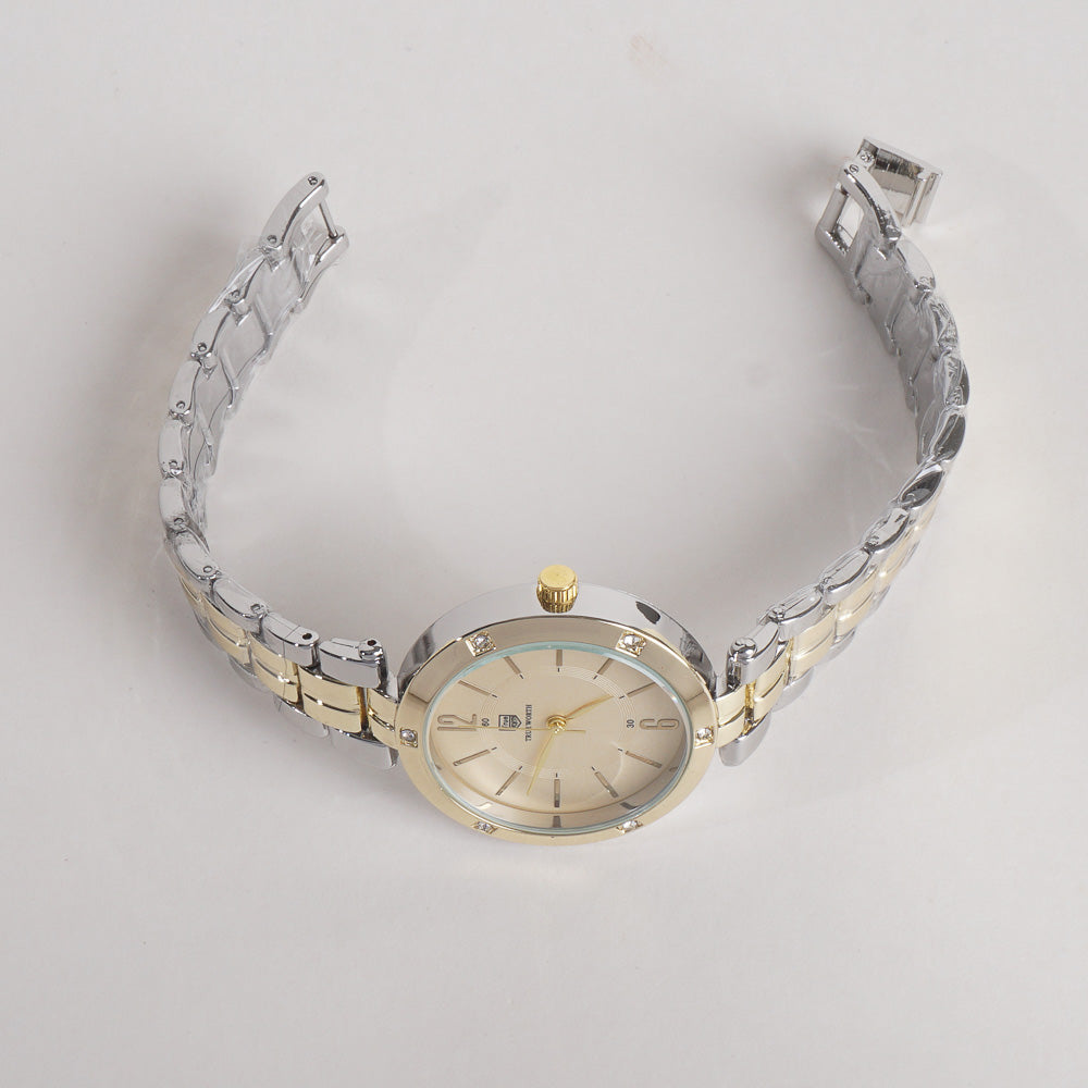 Two Tone Women Stylish Chain Wrist Watch Silver&Golden With Golden Dial