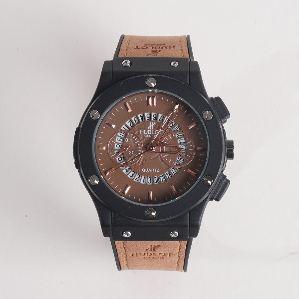 Men Casual Watch Black Dial With Brown Strap
