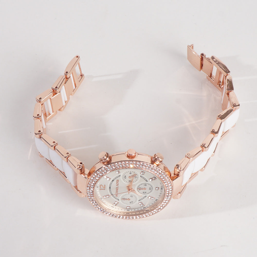 Women Chain Wrist Watch MK Rosegold White