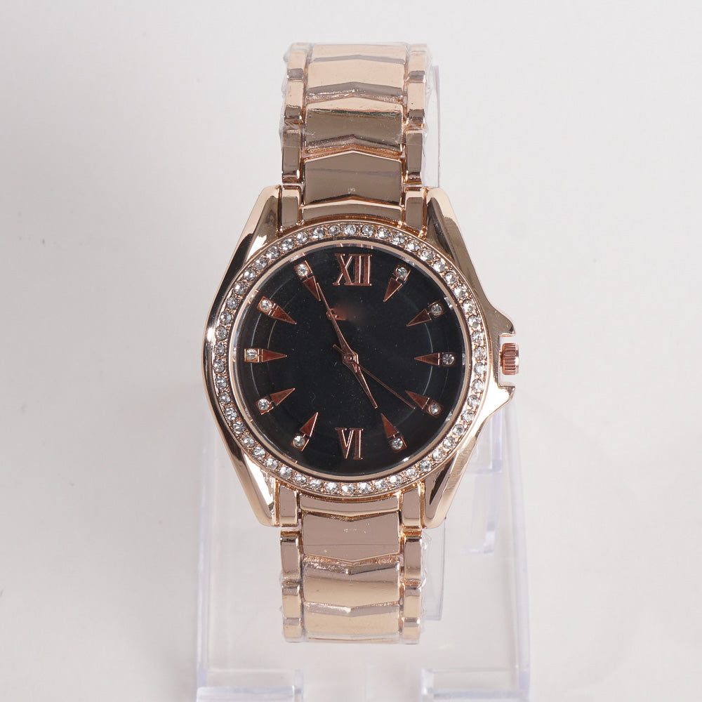 Women Stylish Chain Wrist Watch Rosegold With Black Dial G