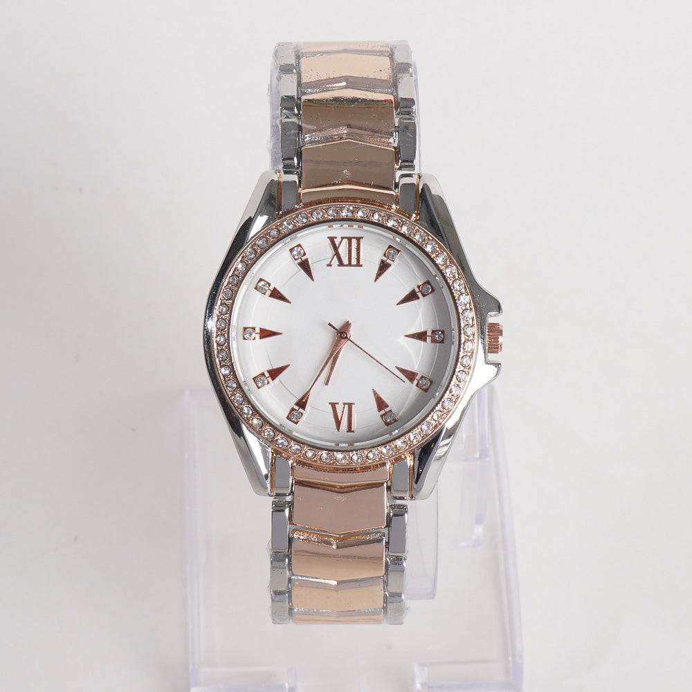 Two Tone Women Stylish Chain Wrist Watch Silver&Rosegold With White Dial G