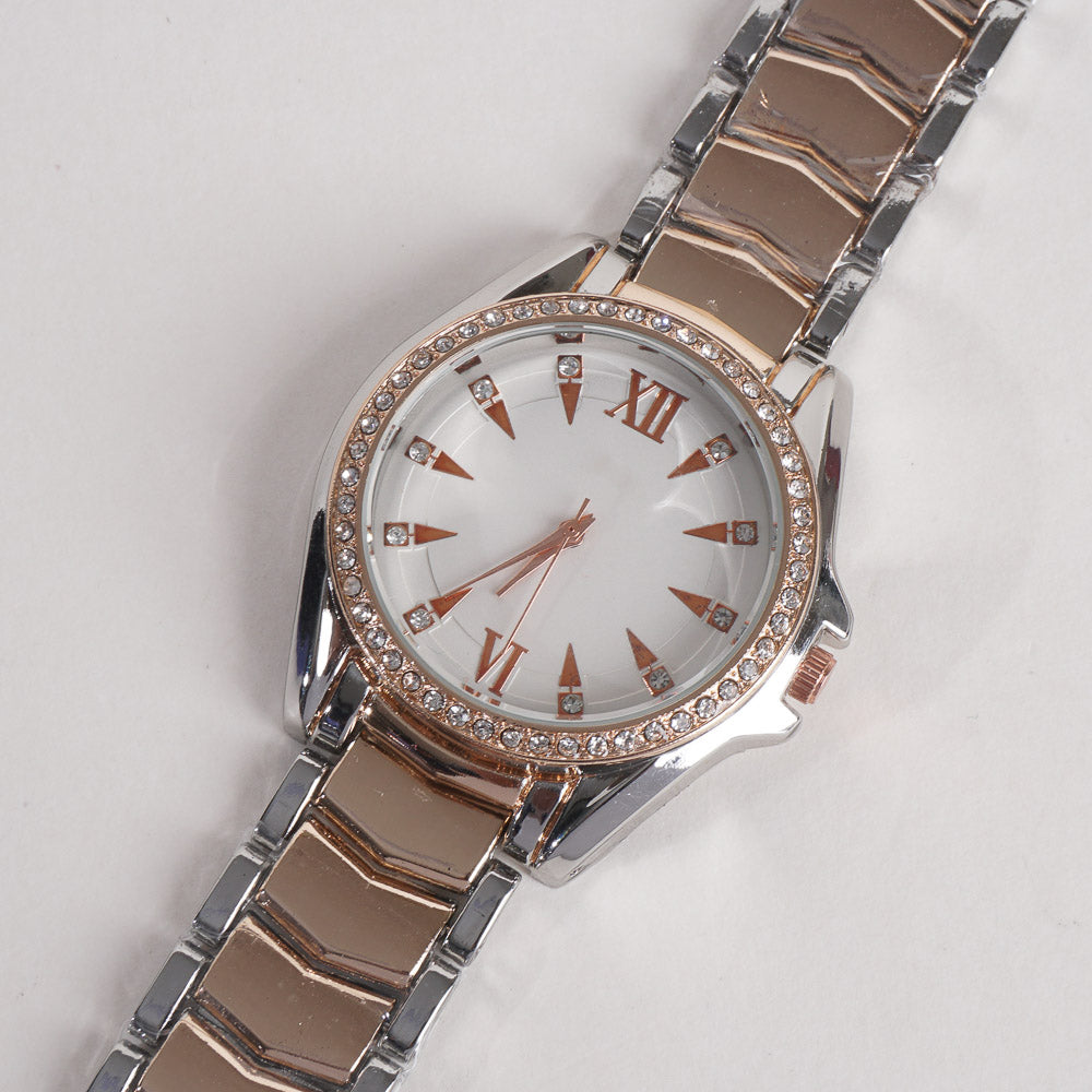 Two Tone Women Stylish Chain Wrist Watch Silver&Rosegold With White Dial G