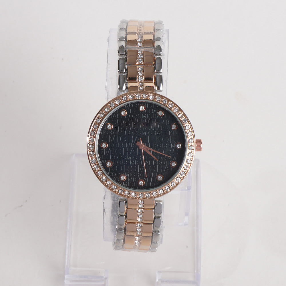 Two Tone Women Stylish Chain Wrist Watch Silver&Rosegold With Black Dial MK