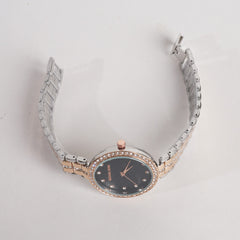 Two Tone Women Stylish Chain Wrist Watch Silver&Rosegold With Black Dial MK