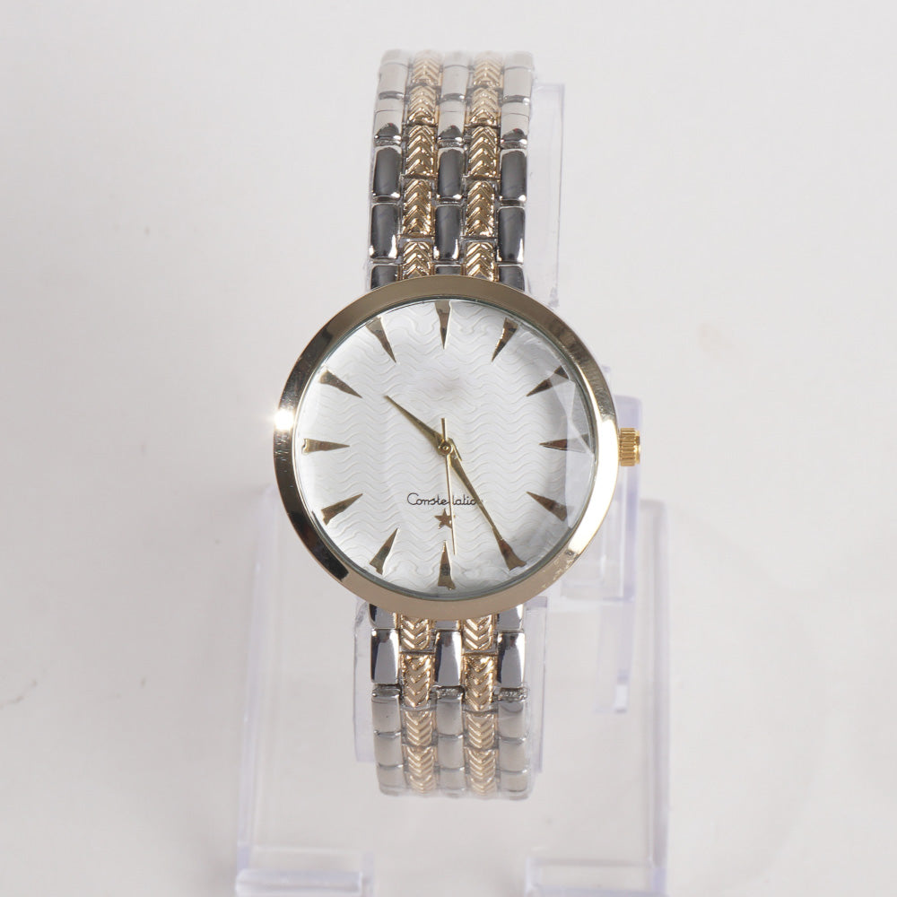 Two Tone Women Stylish Chain Wrist Watch Silver&Golden With White Dial O