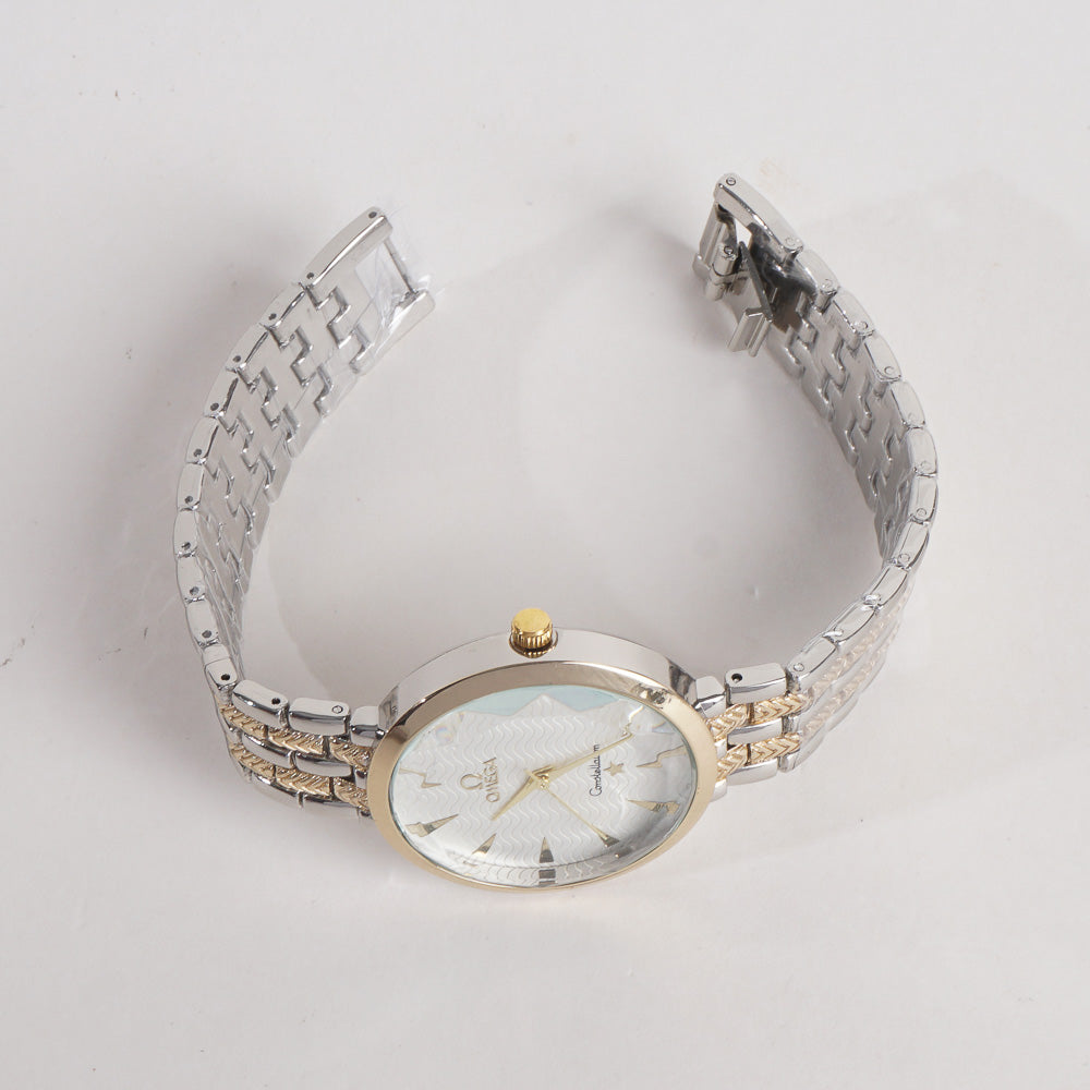 Two Tone Women Stylish Chain Wrist Watch Silver&Golden With White Dial O