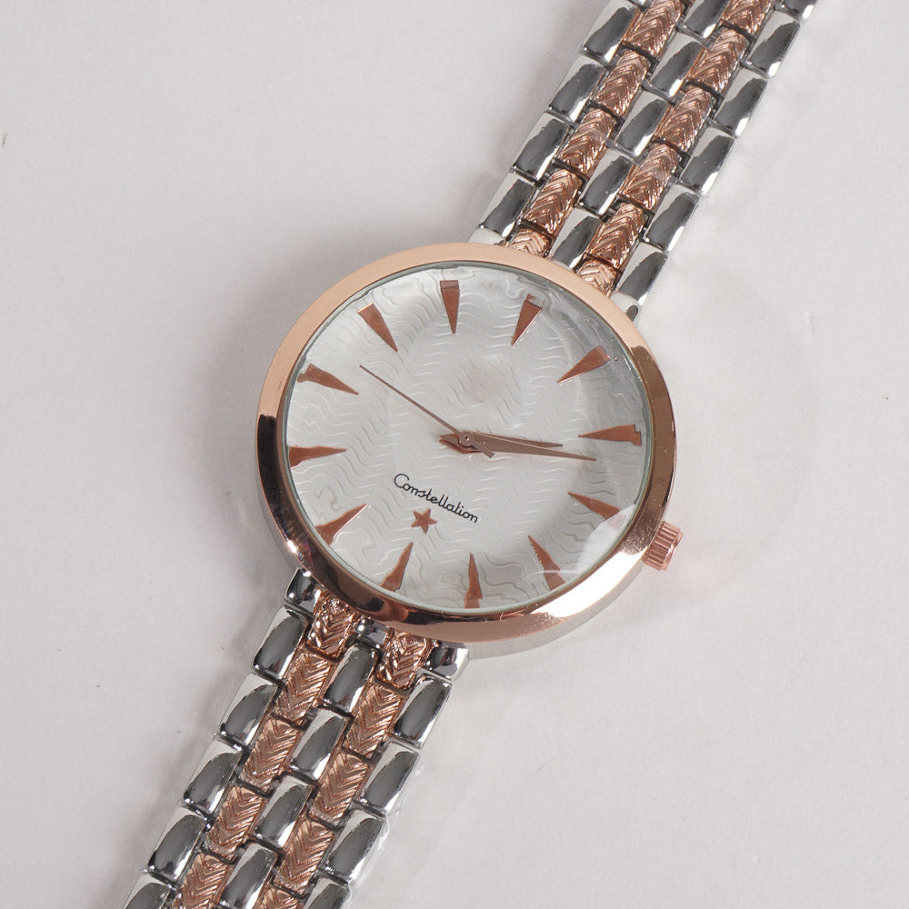 Two Tone Women Stylish Chain Wrist Watch Silver&Rosegold With White Dial O