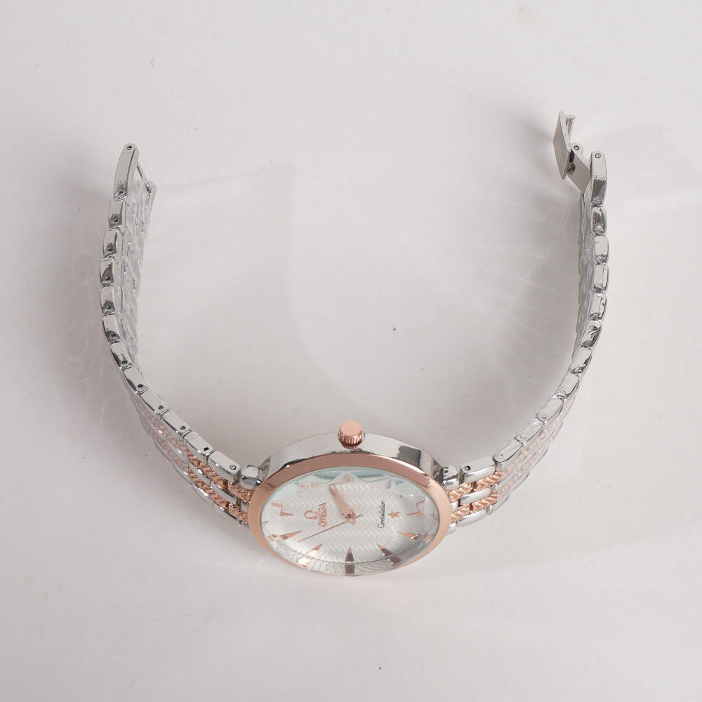 Two Tone Women Stylish Chain Wrist Watch Silver&Rosegold With White Dial O