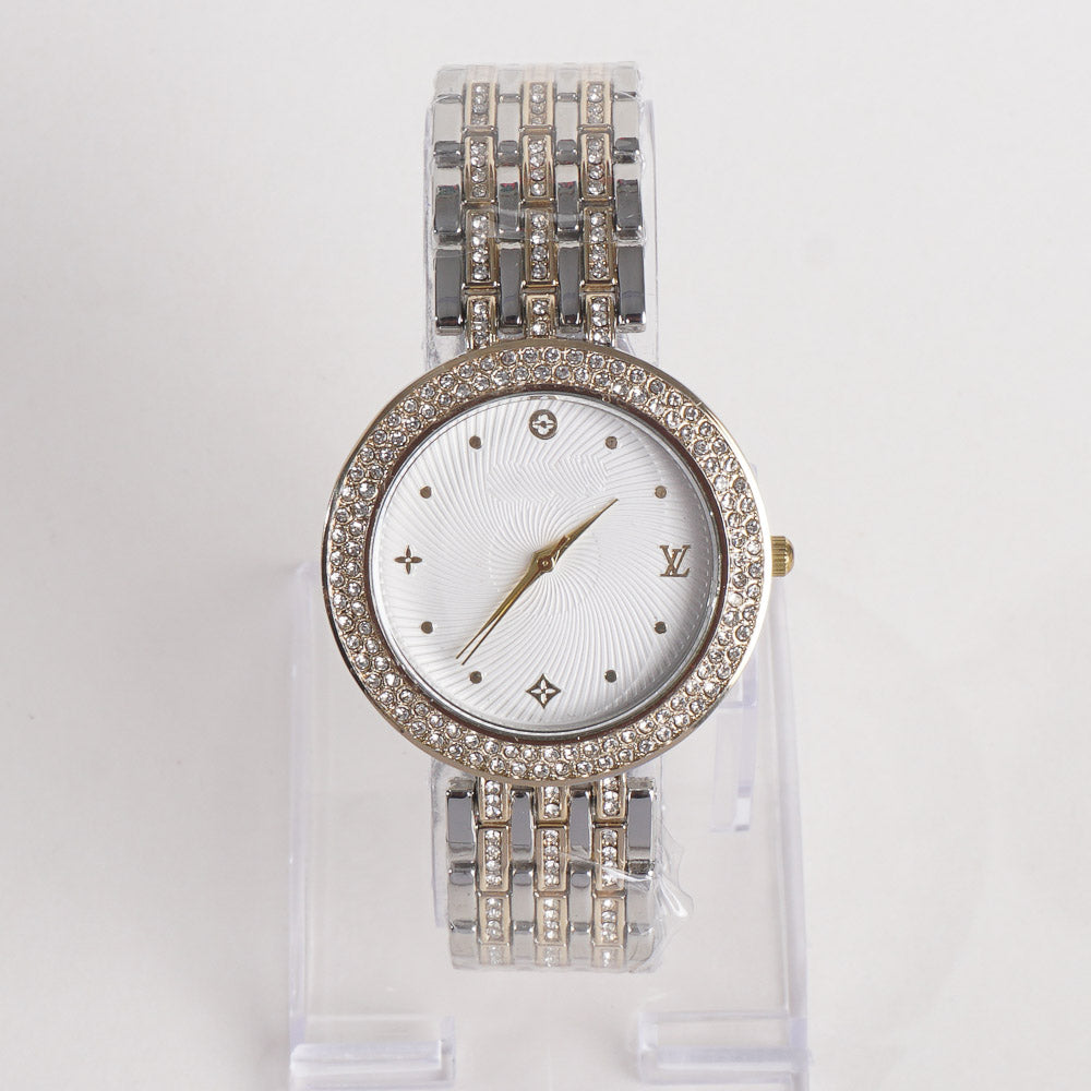 Two Tone Women Stylish Chain Wrist Watch Silver&Golden With White Dial