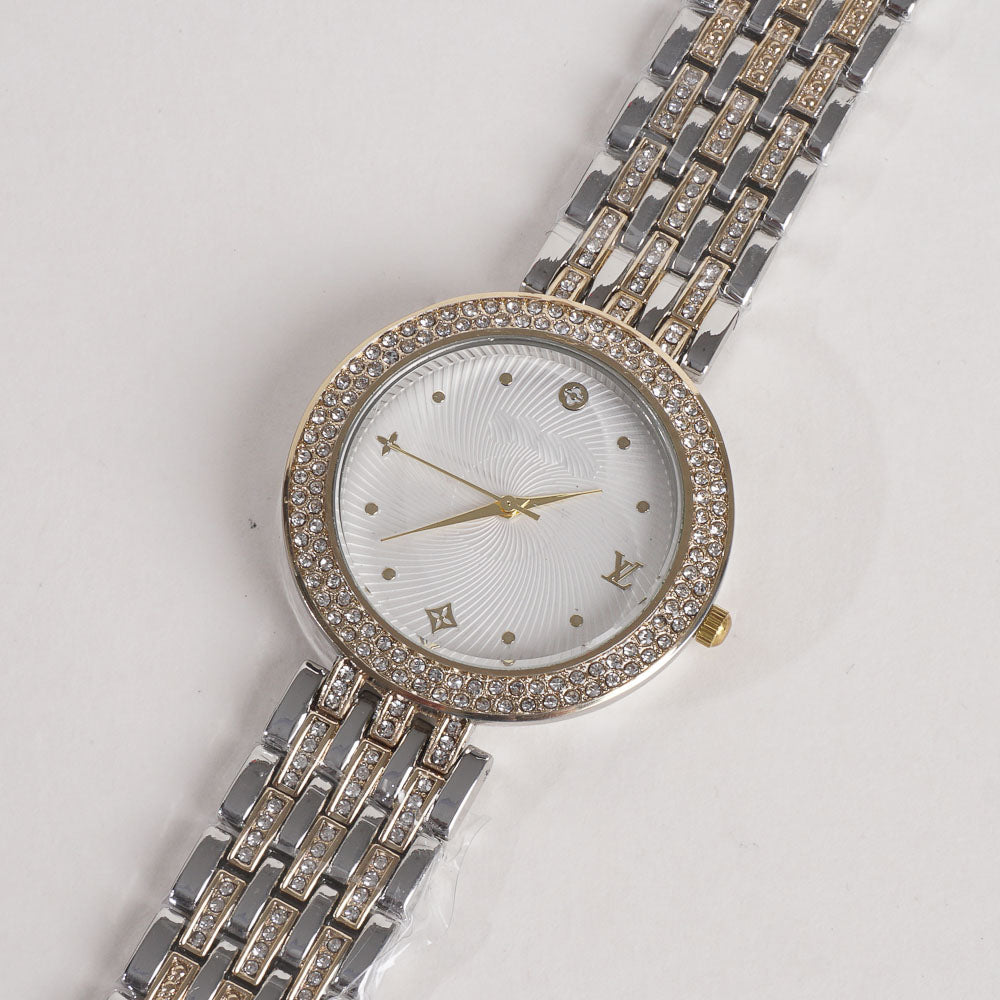 Two Tone Women Stylish Chain Wrist Watch Silver&Golden With White Dial