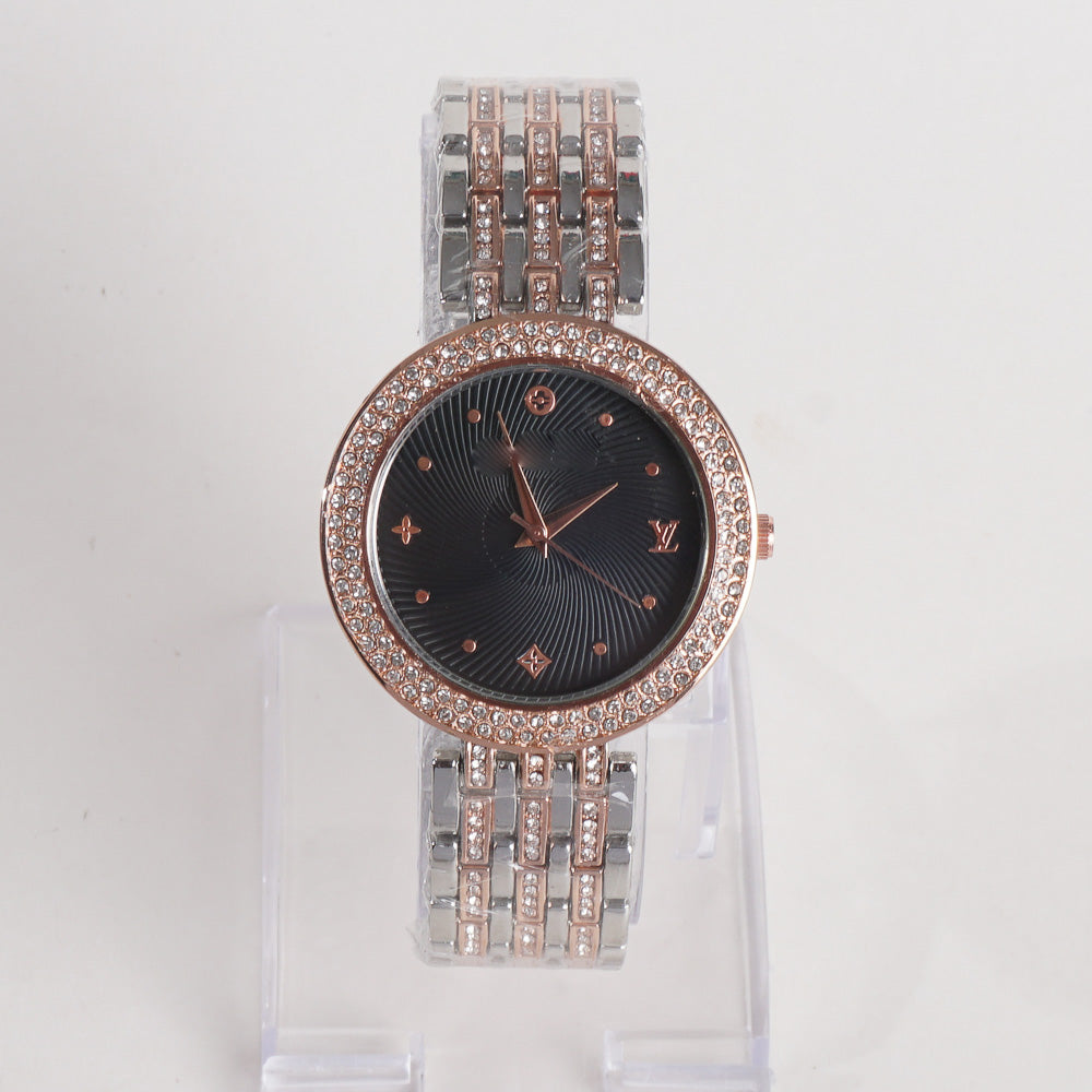 Two Tone Women Stylish Chain Wrist Watch Silver&Rosegold With Black Dial