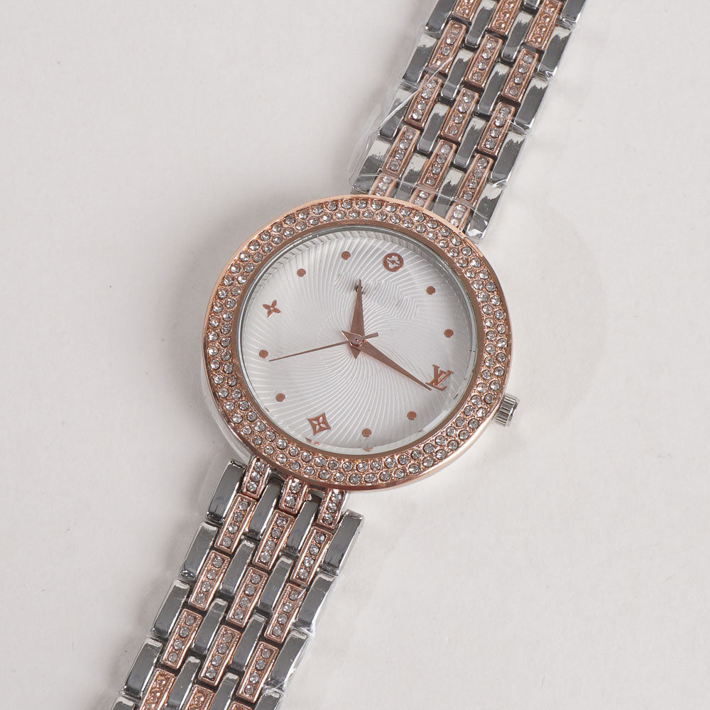 Two Tone Women Stylish Chain Wrist Watch Silver&Rosegold With White Dial