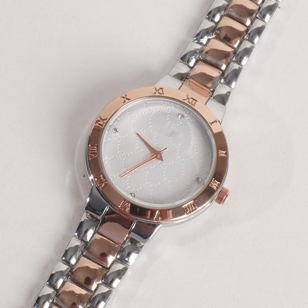 Two Tone Women Stylish Chain Wrist Watch Silver&Rosegold With White Dial G