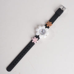 Rubber Strap Flower Dial Wrist Watch Black